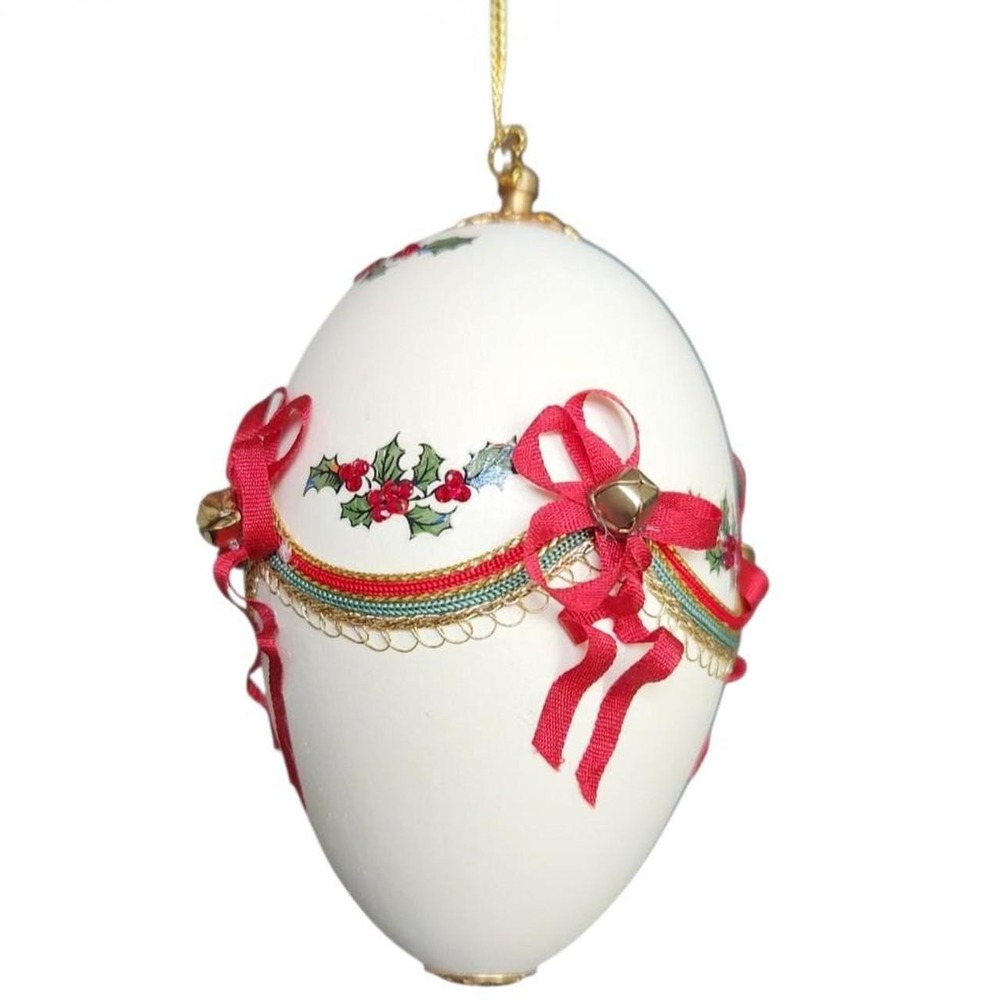 Vintage 1990 Signed SANKYO Musical Egg Christmas Ornament Holly & Ribbon Motif